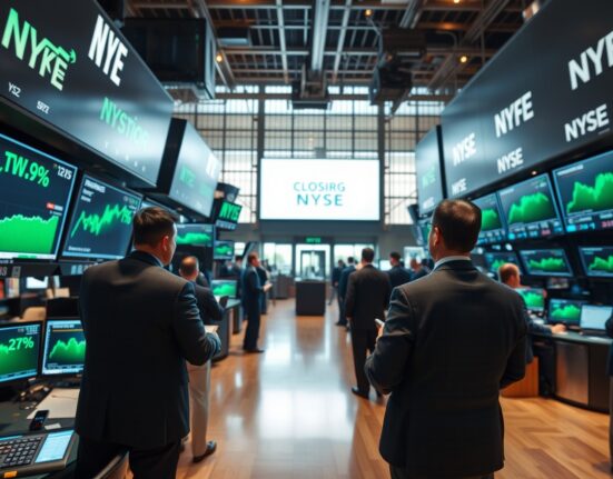 Traders on the NYSE floor watching green stock market screens during a positive closing session.