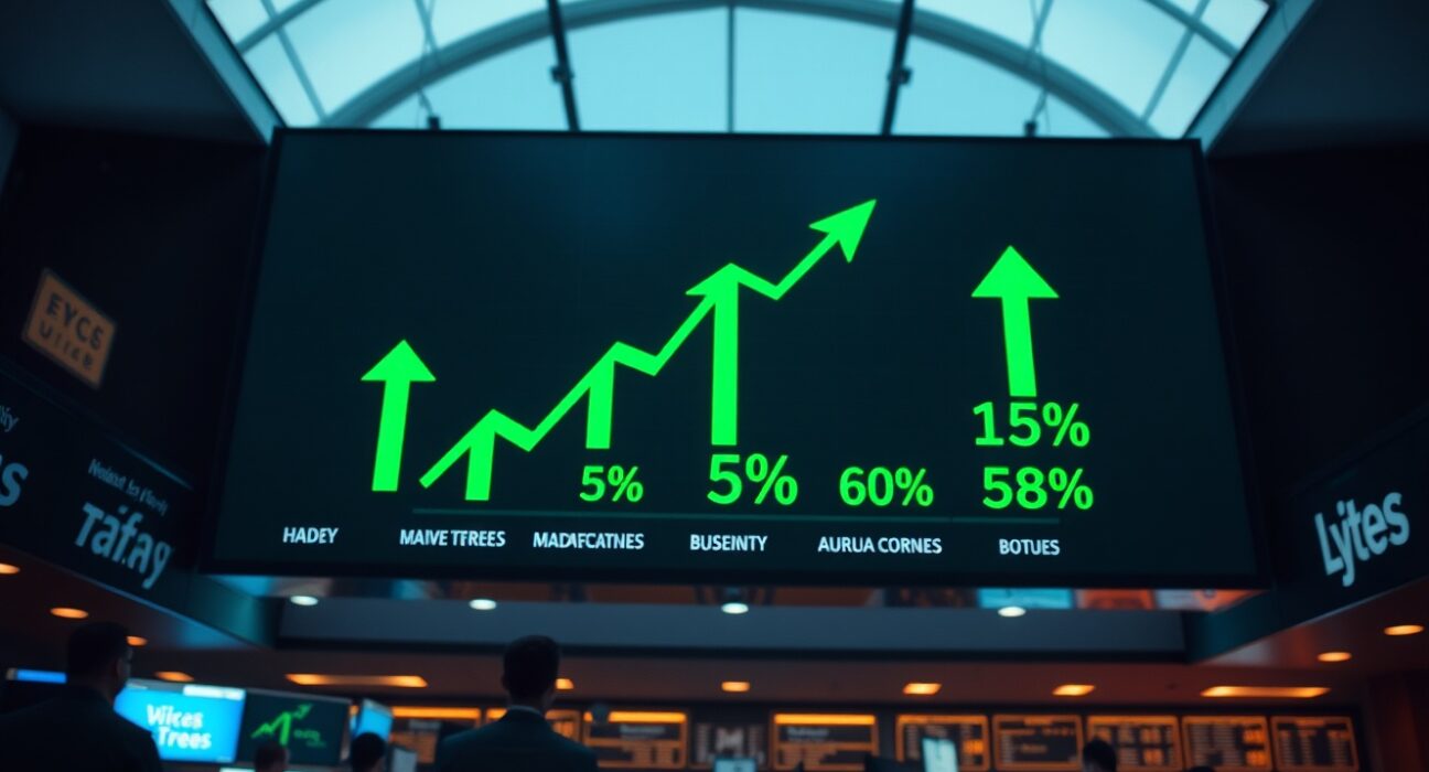 Digital stock market board showing green upward arrows and percentage gains on a trading floor