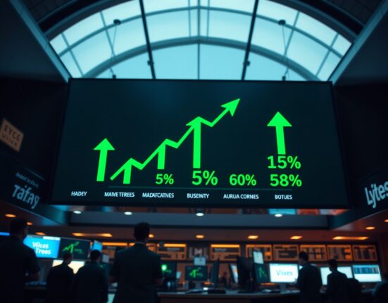 Digital stock market board showing green upward arrows and percentage gains on a trading floor