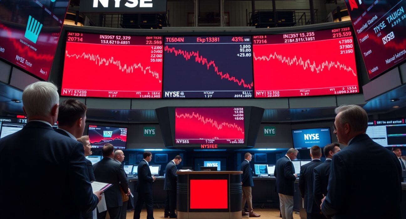 NYSE trading floor with red screens showing declining stock indices at the closing bell.