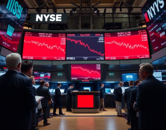 NYSE trading floor with red screens showing declining stock indices at the closing bell.