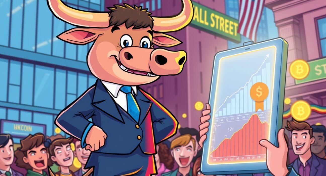 Bullish cartoon illustration representing Wall Street raising the Coinbase price target due to successful diversification.