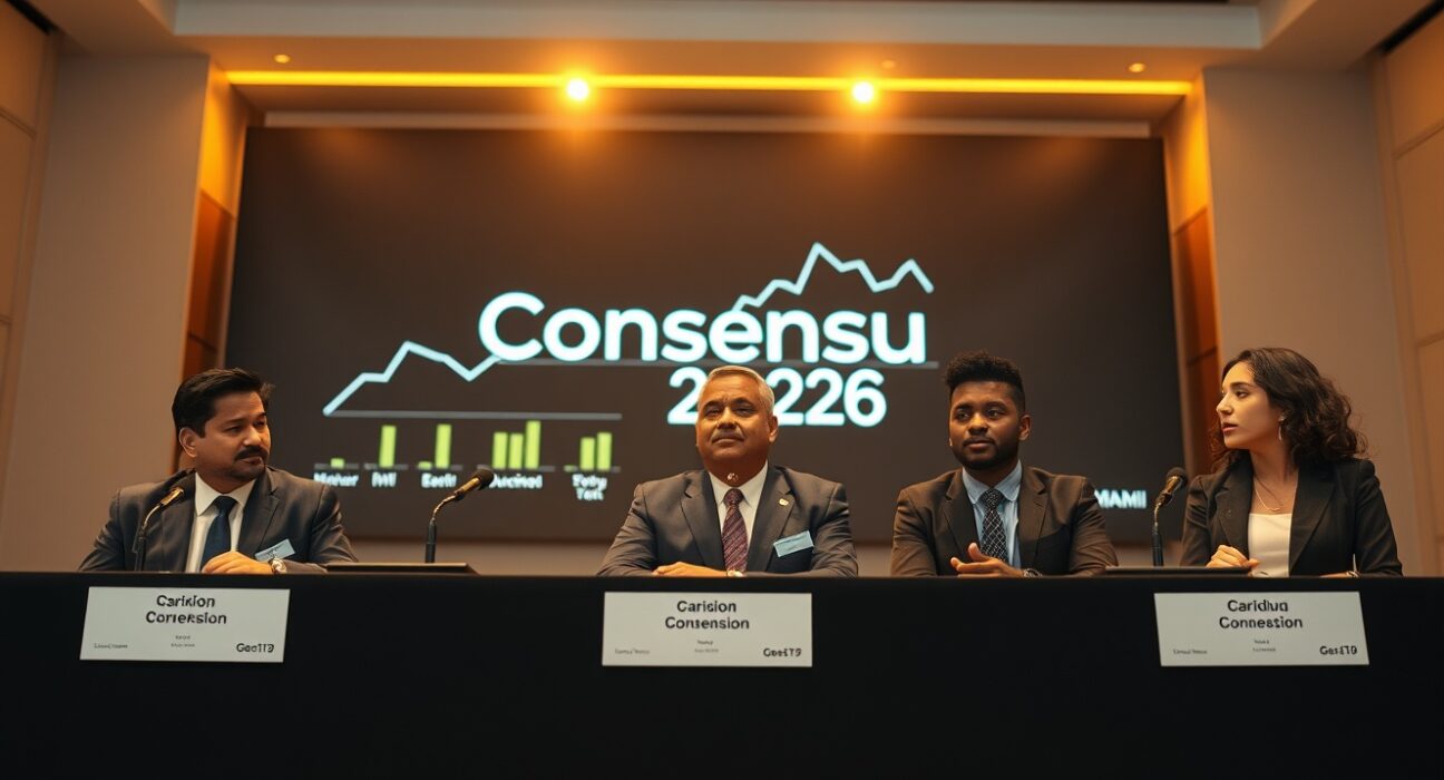 Panel of executives discussing institutional crypto adoption at Consensus 2026 conference in Miami