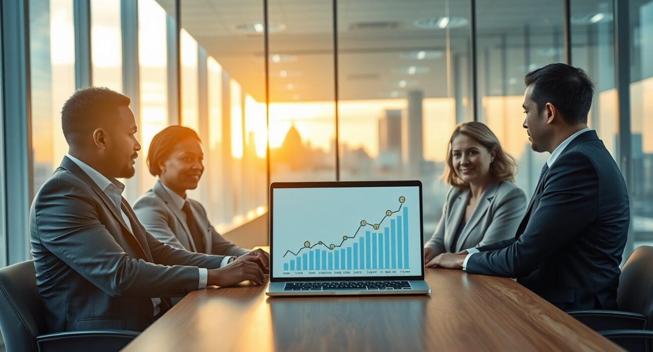 Finance professionals in a modern office reviewing a laptop showing cryptocurrency market data.