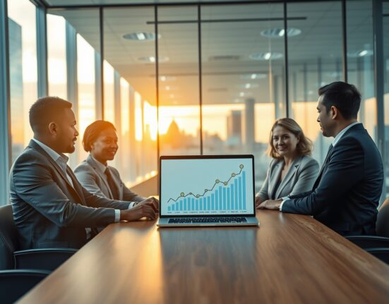 Finance professionals in a modern office reviewing a laptop showing cryptocurrency market data.