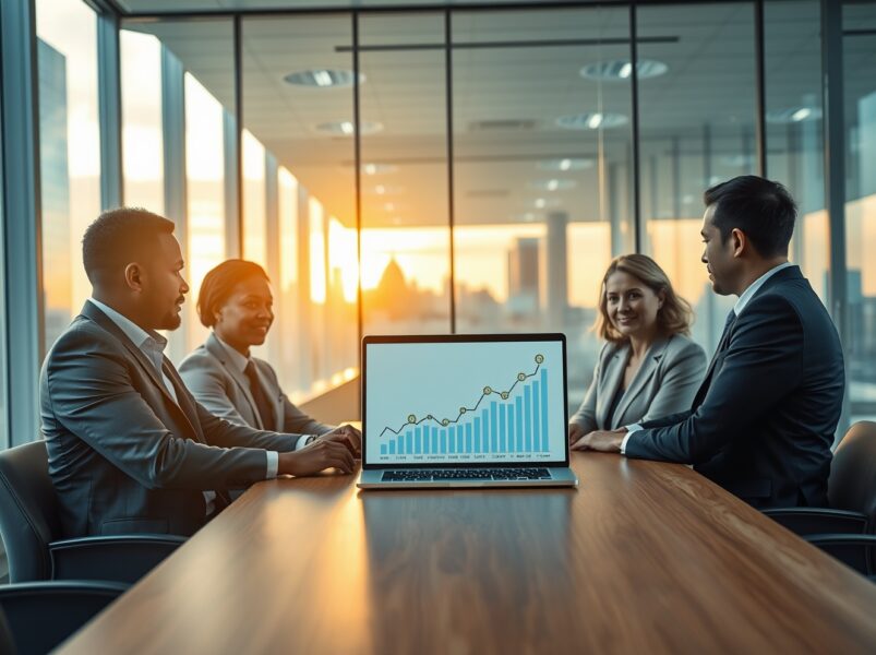 Finance professionals in a modern office reviewing a laptop showing cryptocurrency market data.