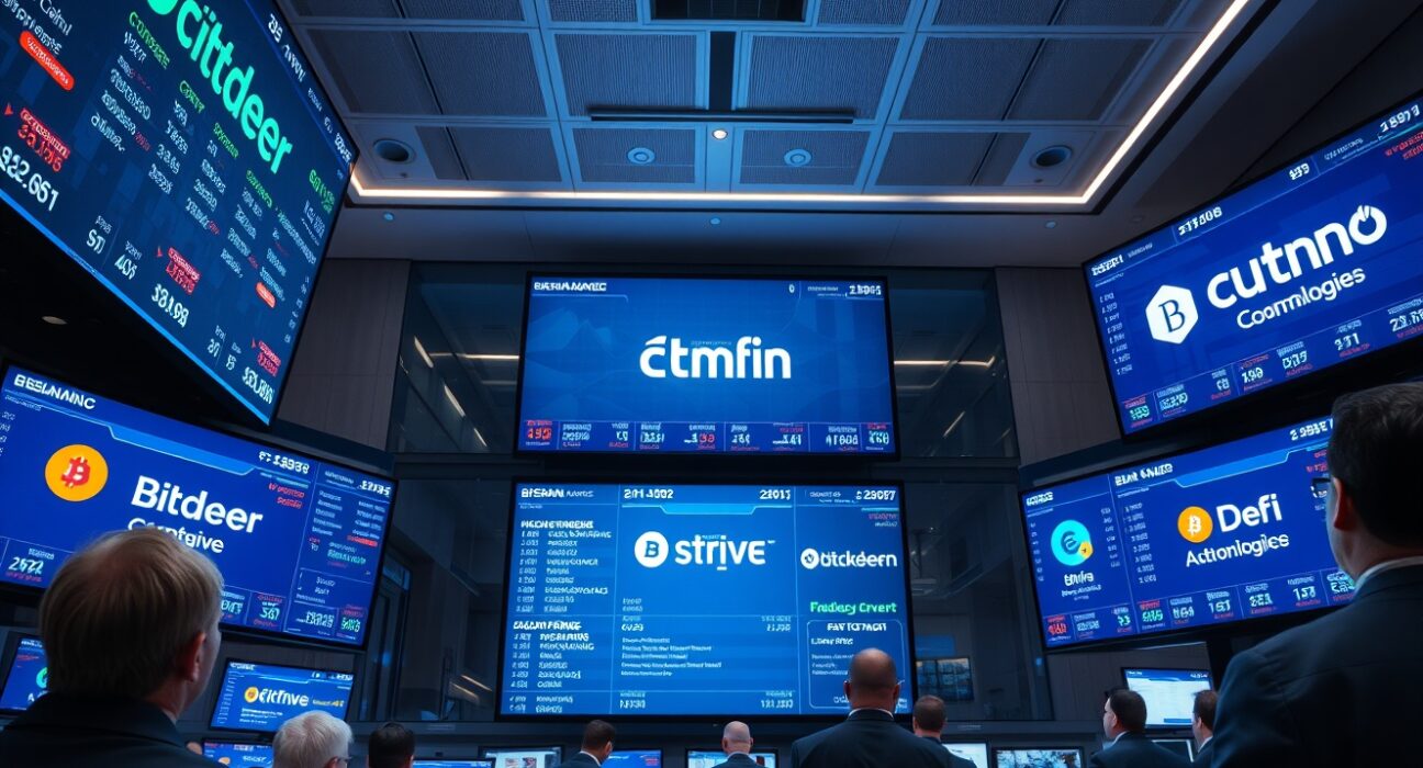 Wall Street trading floor with screens showing crypto stock data for Bitdeer, DeFi Technologies, Strive, and Gemini.