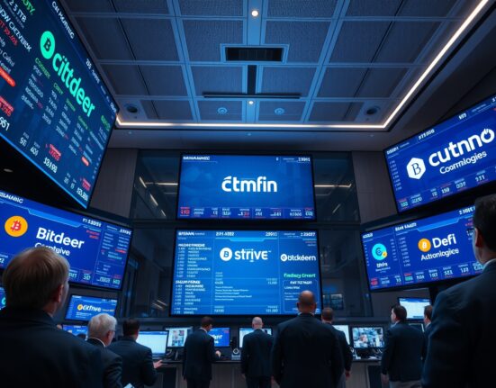 Wall Street trading floor with screens showing crypto stock data for Bitdeer, DeFi Technologies, Strive, and Gemini.