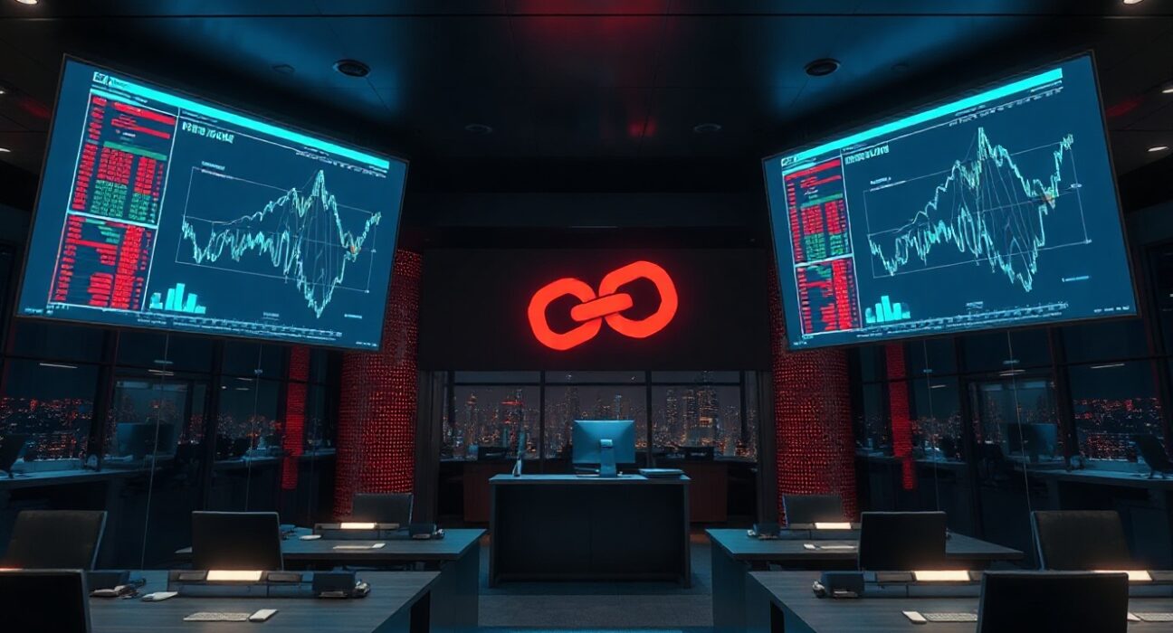 Dimly lit trading floor with monitors showing blockchain network and a red warning symbol