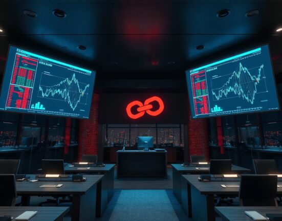 Dimly lit trading floor with monitors showing blockchain network and a red warning symbol