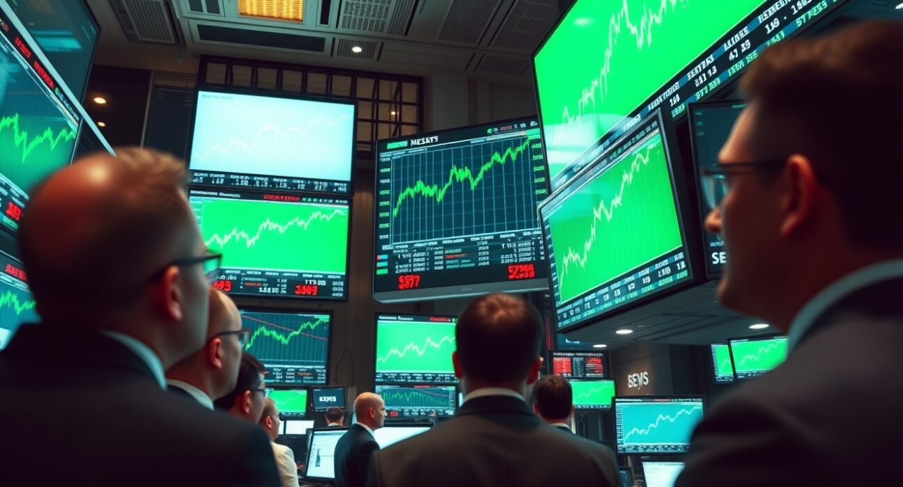 Stock exchange trading floor with green screens showing market gains