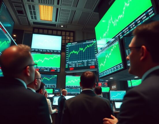 Stock exchange trading floor with green screens showing market gains