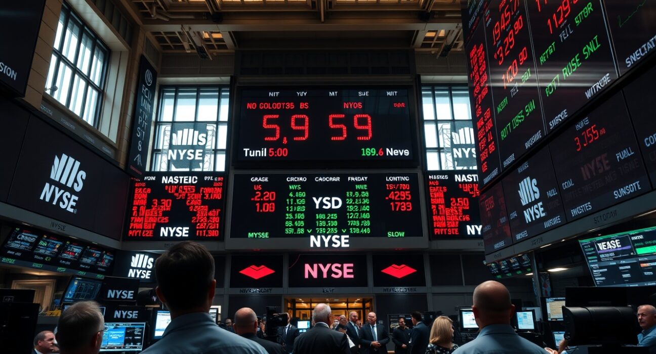 New York Stock Exchange trading floor with stock tickers showing red declines at market close