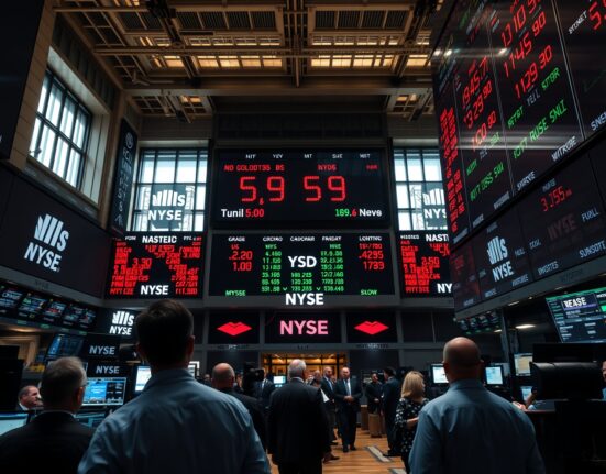 New York Stock Exchange trading floor with stock tickers showing red declines at market close