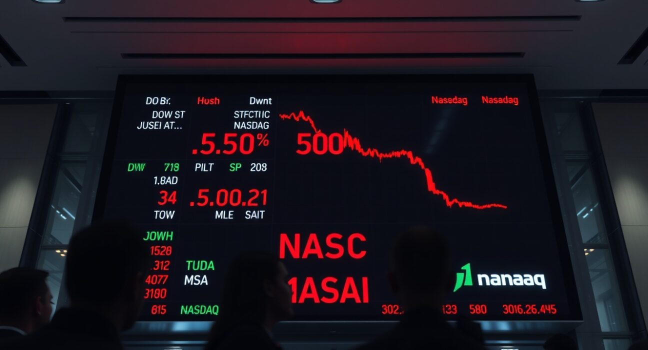 Stock market board showing mixed performance with Dow Jones in green and Nasdaq in red