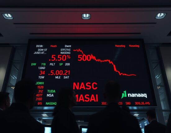 Stock market board showing mixed performance with Dow Jones in green and Nasdaq in red
