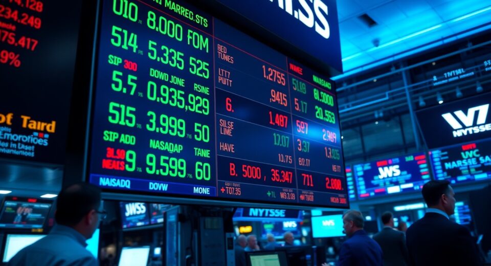 Digital stock market display showing mixed performance for Dow, S&P 500, and Nasdaq indices.