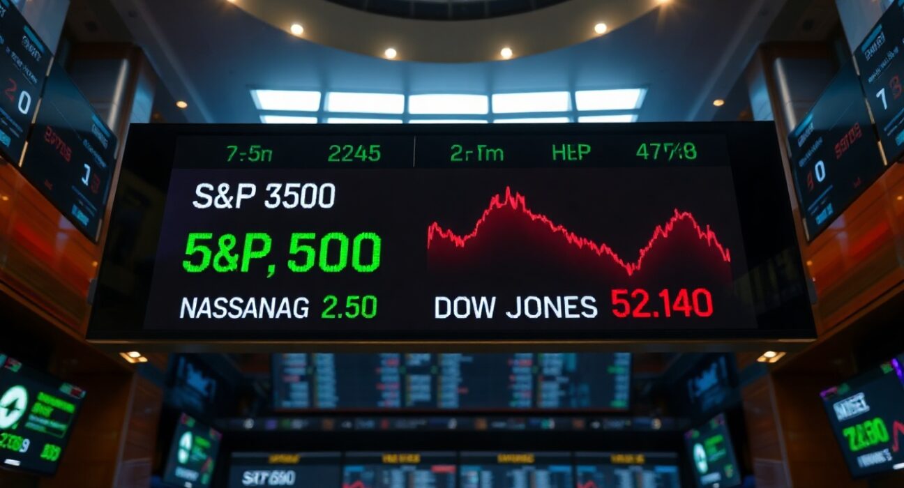 Stock market ticker board showing mixed results with green gains for S&P 500 and Nasdaq, red decline for Dow Jones