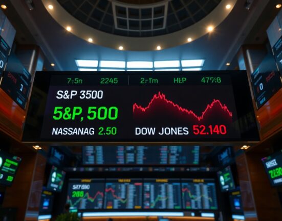 Stock market ticker board showing mixed results with green gains for S&P 500 and Nasdaq, red decline for Dow Jones
