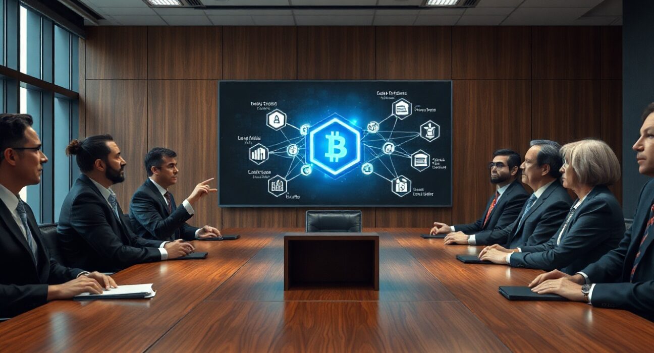 Wall Street executives in a boardroom discussing tokenization and on-chain lending with a digital display.