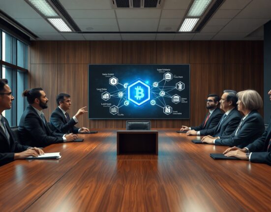 Wall Street executives in a boardroom discussing tokenization and on-chain lending with a digital display.