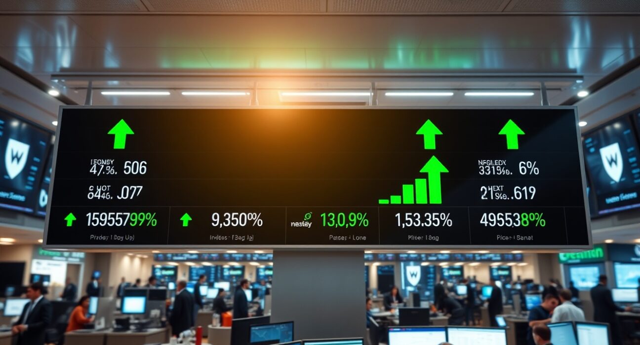Stock market display board showing green arrows and positive percentages for major US indices