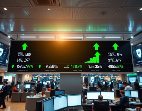 Stock market display board showing green arrows and positive percentages for major US indices