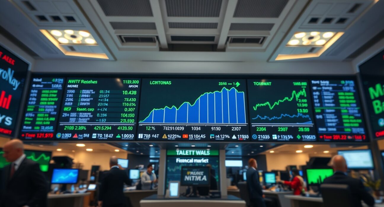 Digital stock market board showing green upward trends on a trading floor