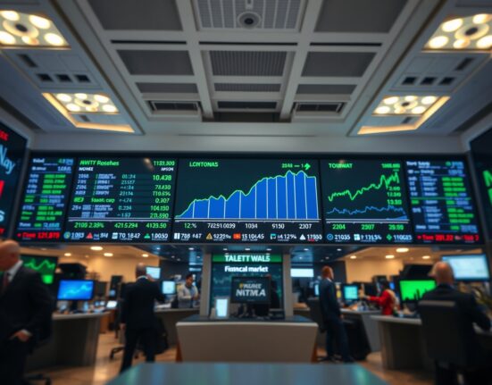 Digital stock market board showing green upward trends on a trading floor