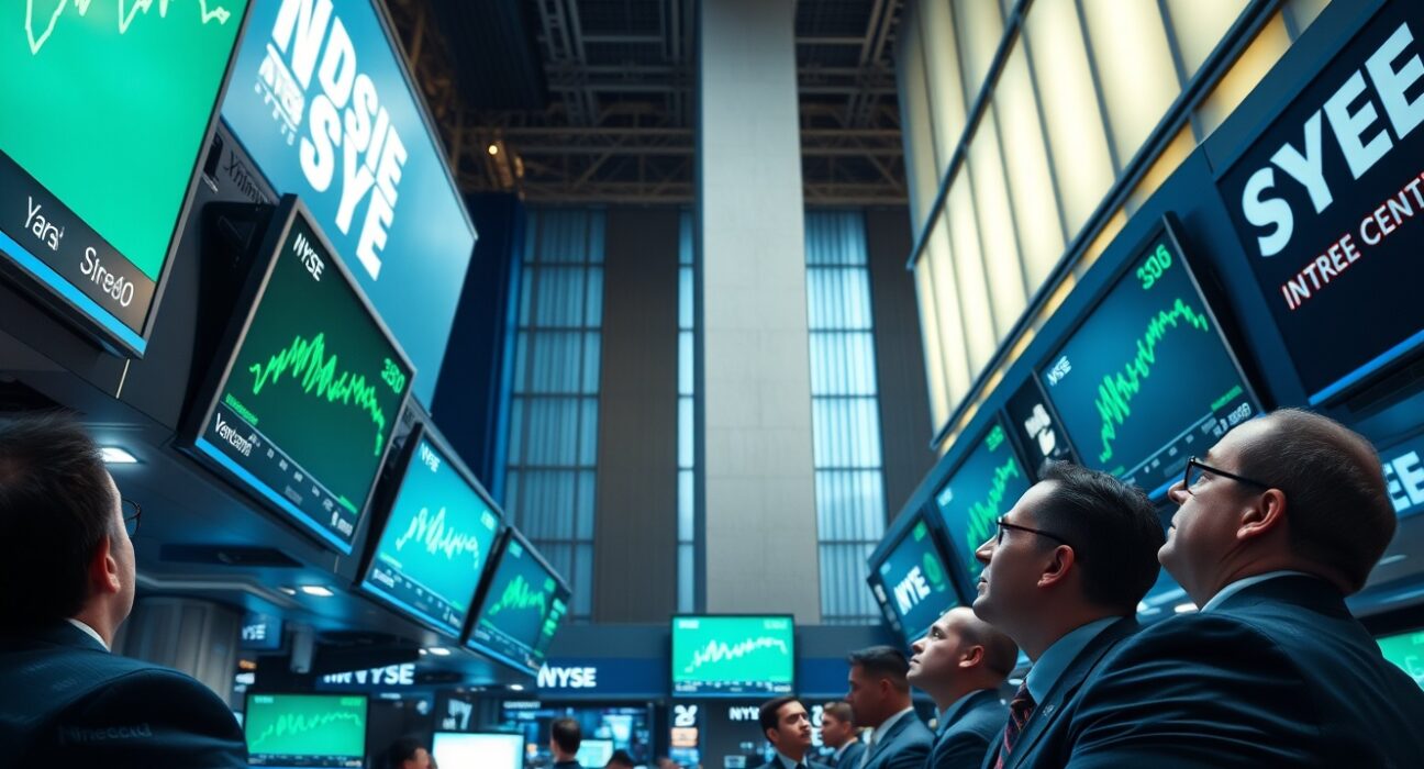 Traders on the NYSE floor watching green stock charts at market open