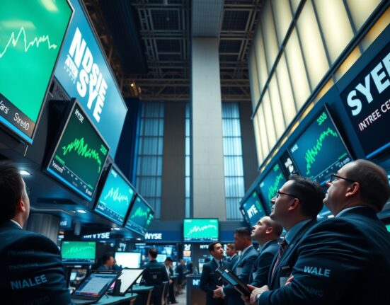 Traders on the NYSE floor watching green stock charts at market open