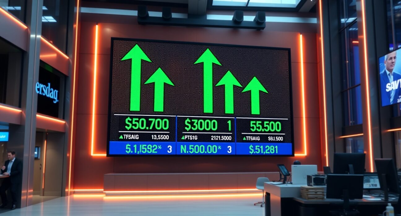 Digital stock market board showing green arrows and rising index figures for S&P 500, Nasdaq, and Dow Jones