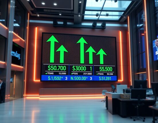 Digital stock market board showing green arrows and rising index figures for S&P 500, Nasdaq, and Dow Jones