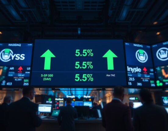 Stock market board showing green arrows and higher opening numbers for major U.S. indices.
