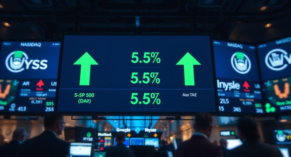 Stock market board showing green arrows and higher opening numbers for major U.S. indices.