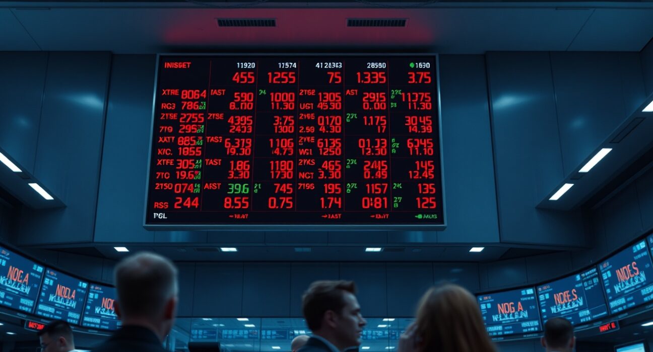 Electronic stock market display showing red numbers indicating a lower market open