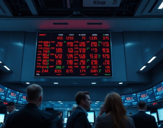 Electronic stock market display showing red numbers indicating a lower market open