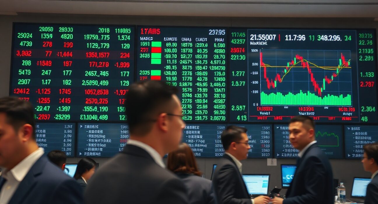 Stock market board showing mixed numbers on a trading floor