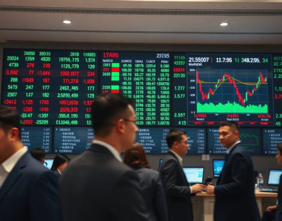 Stock market board showing mixed numbers on a trading floor