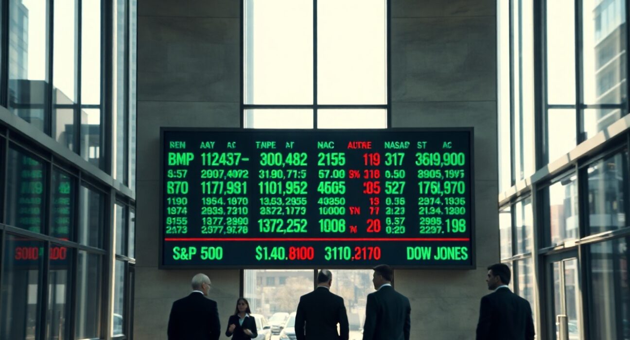 Stock market board showing mixed opening for S&P 500, Nasdaq, and Dow Jones indices