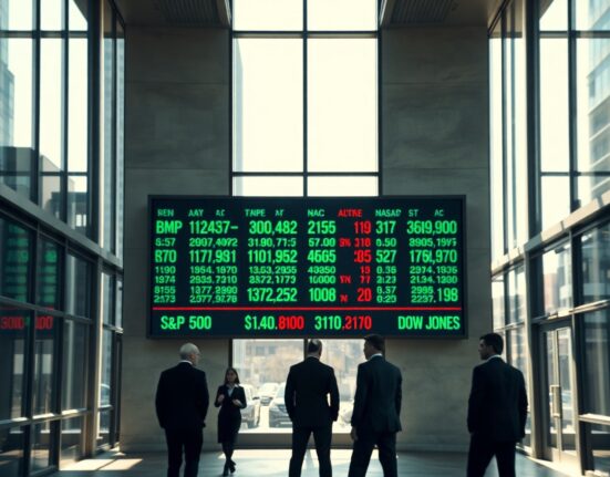 Stock market board showing mixed opening for S&P 500, Nasdaq, and Dow Jones indices