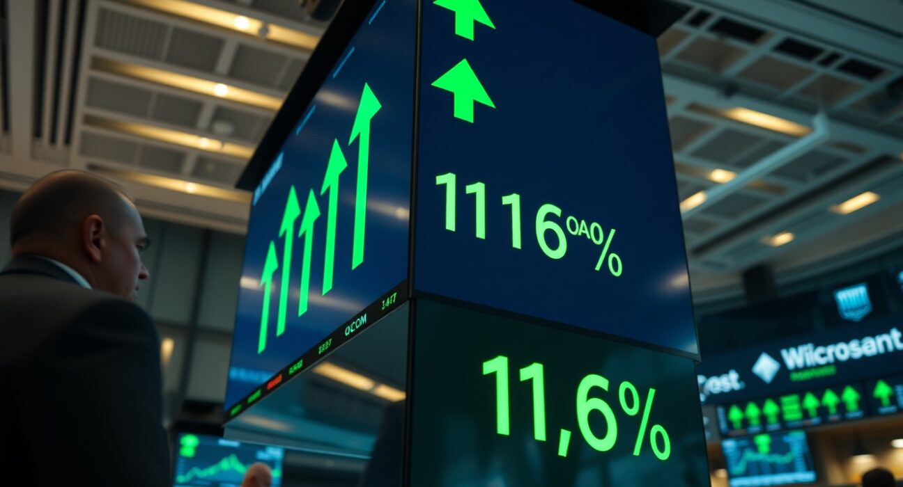 Stock market display showing green gains with Qualcomm leading the rally