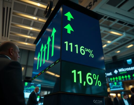 Stock market display showing green gains with Qualcomm leading the rally