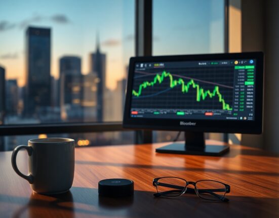 Bloomberg Terminal showing Bitcoin price chart with green candles on a desk in a professional office setting.