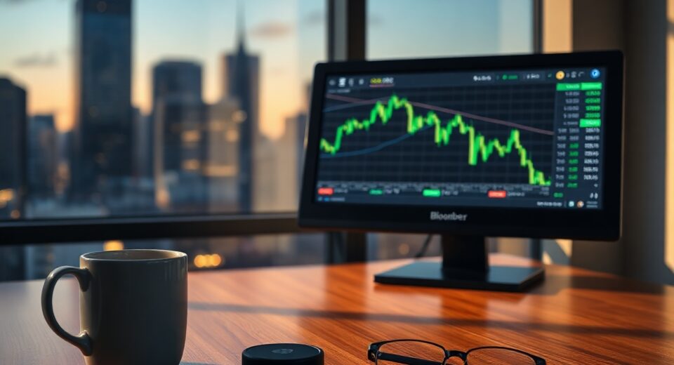 Bloomberg Terminal showing Bitcoin price chart with green candles on a desk in a professional office setting.
