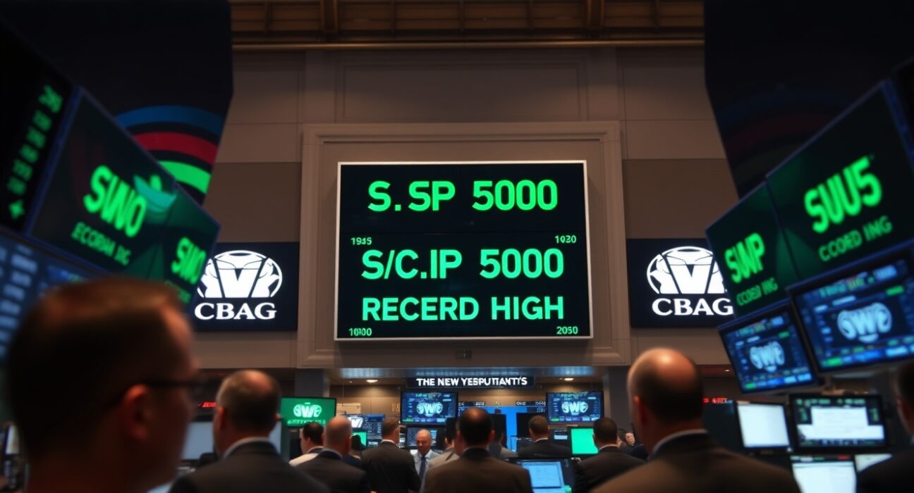 NYSE trading floor with green tickers showing S&P 500 at record high during market rally