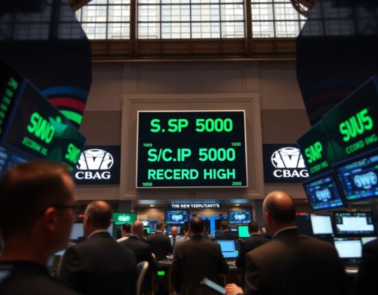 NYSE trading floor with green tickers showing S&P 500 at record high during market rally