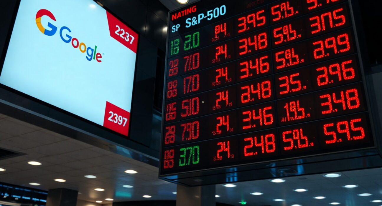 Stock market ticker board showing major indices in red, indicating a market decline.