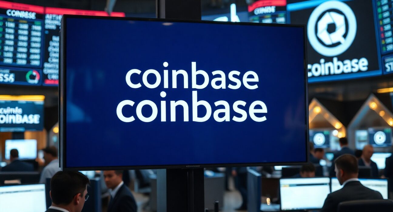 Coinbase logo displayed on a screen in a financial trading floor with traders in the background