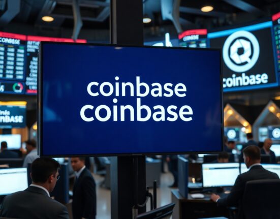 Coinbase logo displayed on a screen in a financial trading floor with traders in the background